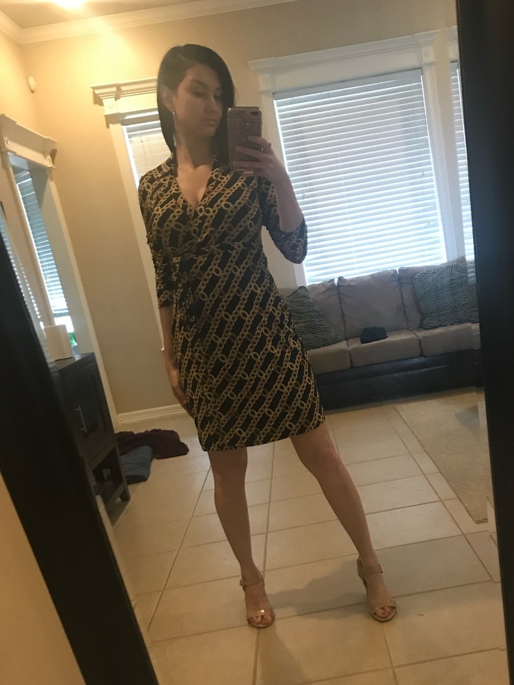 Calvin Klein Black Wrap Dress with Gold Chain Print